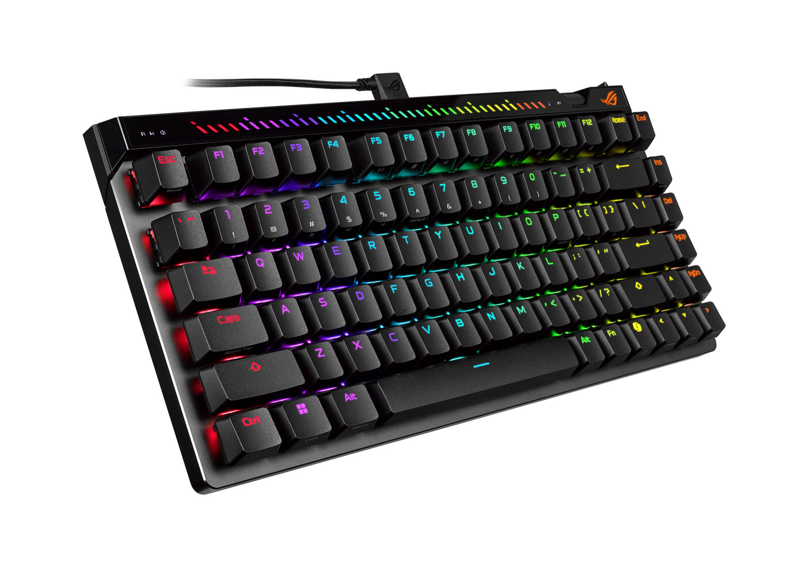 RGB 조명이 켜진 검은색 ASUS ROG Falchion Ace 75 HE 키보드 단독 사진