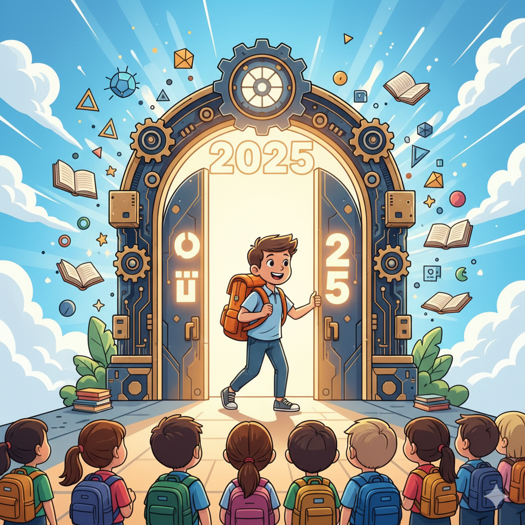 밝고 희망찬 분위기의 디지털 일러스트. 책가방을 멘 학생이 '2025'라고 적힌 새로운 문을 열고 나아가는 모습.