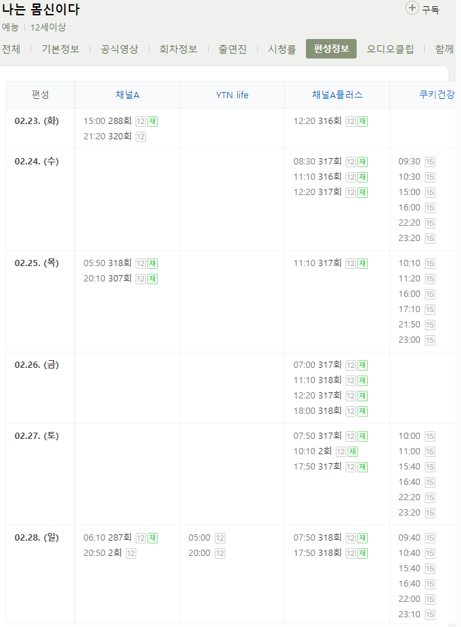 나는 몸신이다 321회 재방송 다시보기 편성표 편성정보 채널A 예능 시간 날짜