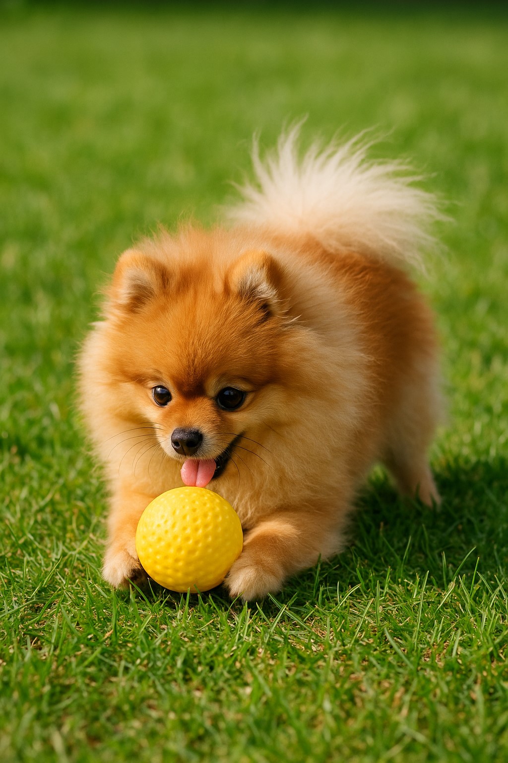 포메라리안이 잔디밭에서 노란공을 가지고 노는 모습