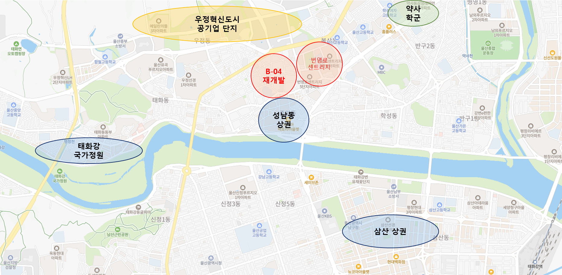 울산 중구 B-04 재개발 주변 학군, 상권, 기업, 공원 인프라 지도 표시 이미지