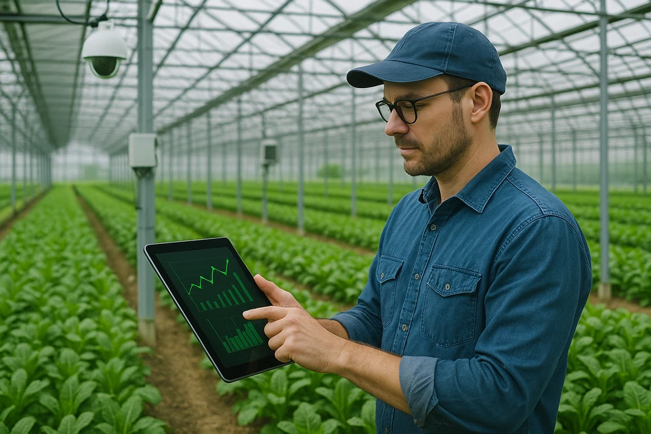 한국 스마트팜 온실 내부에서 태블릿으로 생육 데이터를 확인하는 농업 기술 관리자의 모습