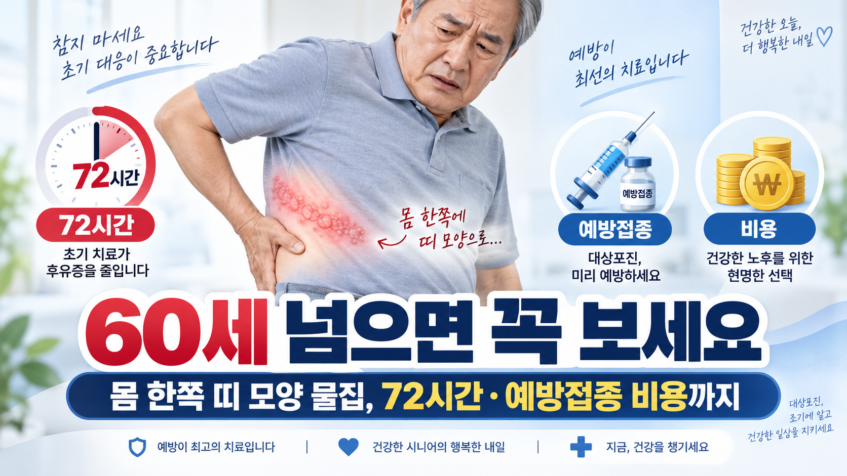 50세 이후 대상포진의 띠 모양 발진과 예방접종 정보를 설명하는 이미지