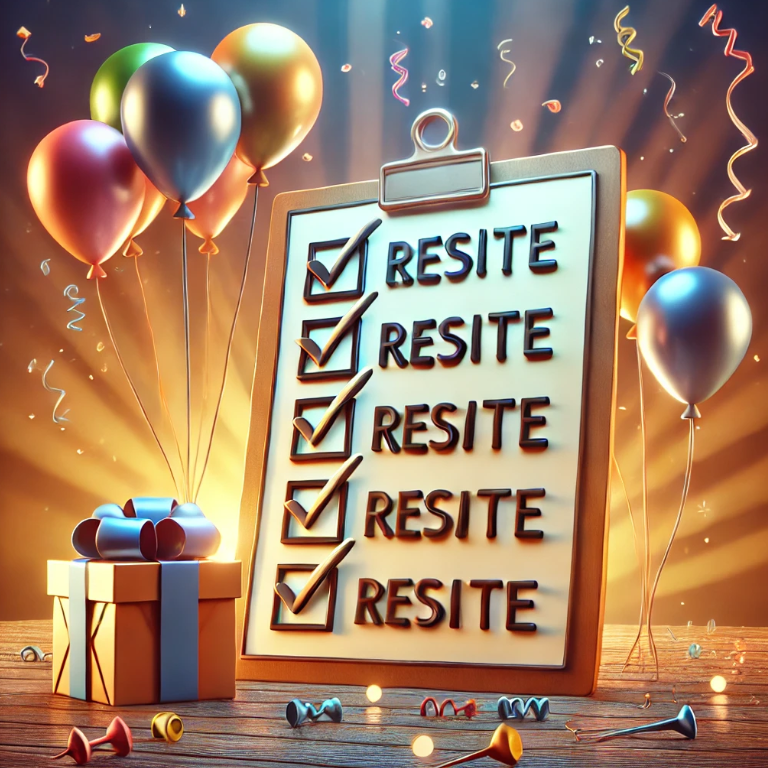 목표를 달성한 성취를 상징하는 장면: 체크리스트에 완료 표시가 되어 있고, 옆에는 축하하는 풍선과 긍정적인 분위기를 나타내는 디지털 아트