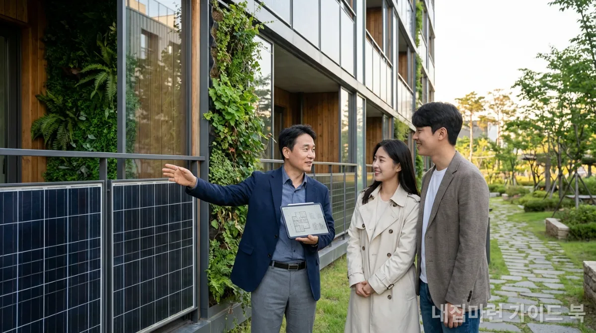 그린 프리미엄 아파트의 에너지 효율적인 외벽과 태양광 패널, 수직 정원 등의 디테일을 설명하는 한국인 건축 전문가와 상담하는 한국인 부부.