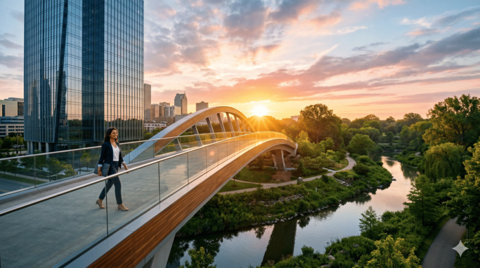 2026년 희망퇴직 이후 성공적인 커리어 전환을 상징하는 가교와 일출 비주얼