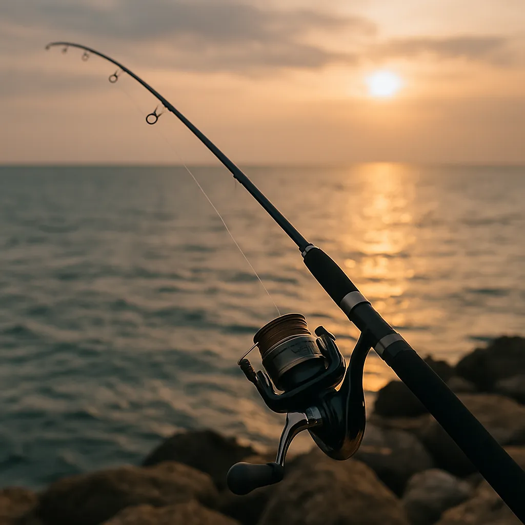 해 질 무렵 바다에서 낚시하는 장면
