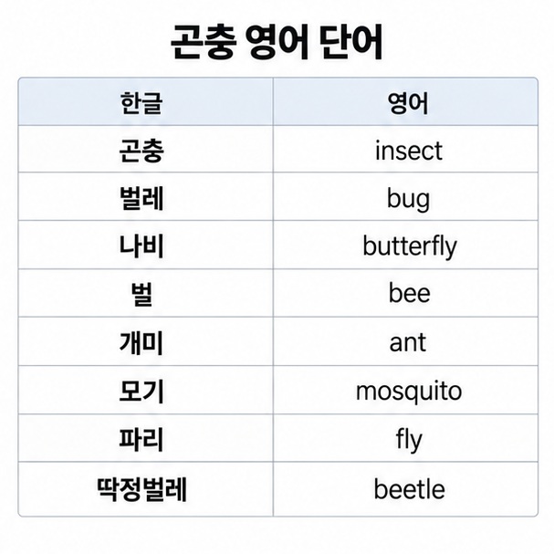 곤충 insect 벌레 bug 나비 butterfly 벌 bee 개미 ant 모기 mosquito 파리 fly 딱정벌레 beetle을 비교한 영어 단어 표