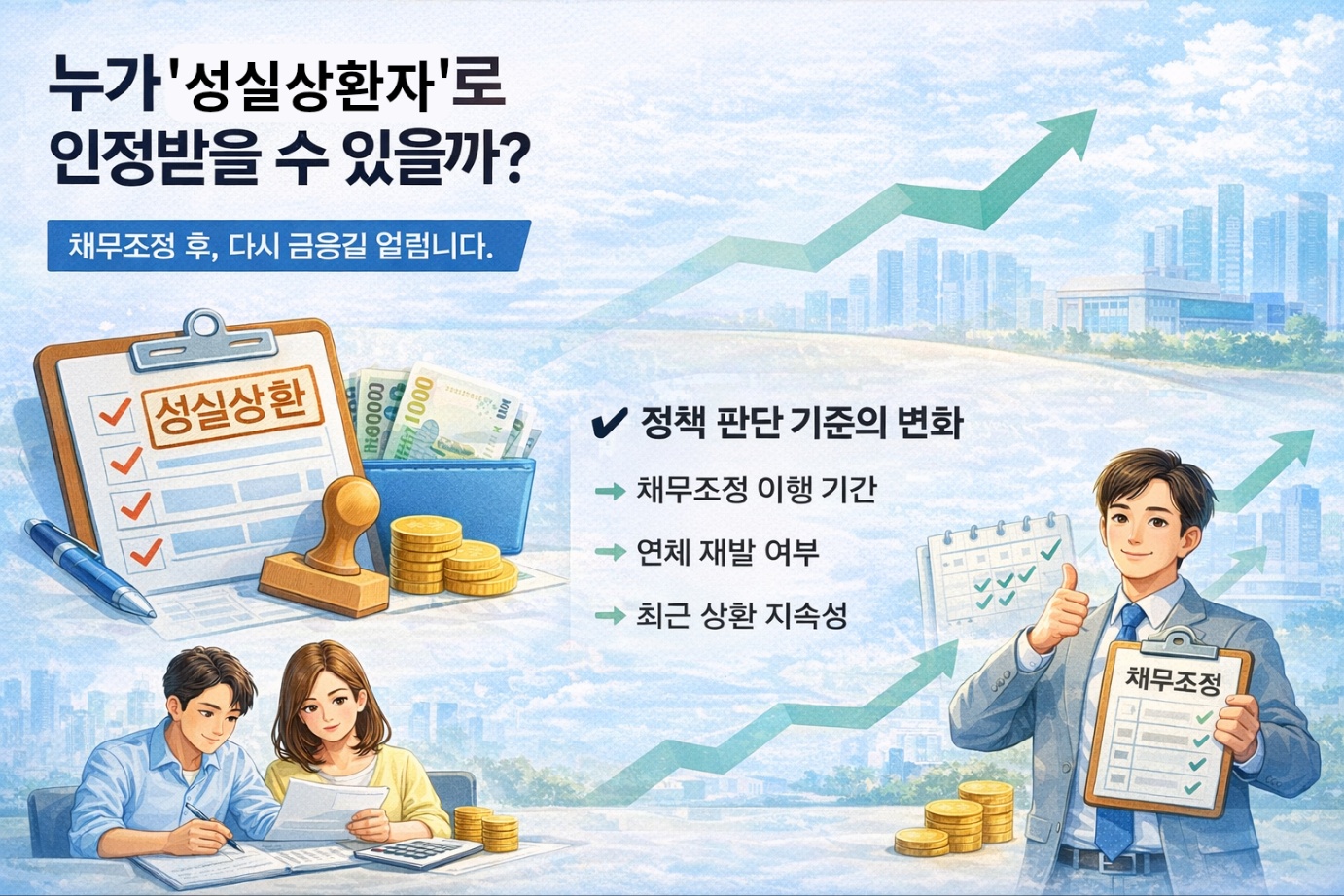 채무조정 후 성실상환자가 인정되는 기준을 설명하는 인포그래픽으로, 채무조정 이행 기간, 연체 재발 여부, 최근 상환 지속성을 중심으로 정책 판단 기준 변화를 정리한 이미지