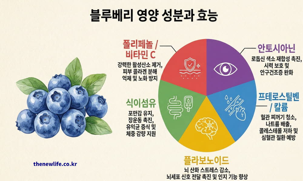 블루베리 효능의 다양한 핵심 영양 성분들을 파악하기 쉽게 정리한 이미지