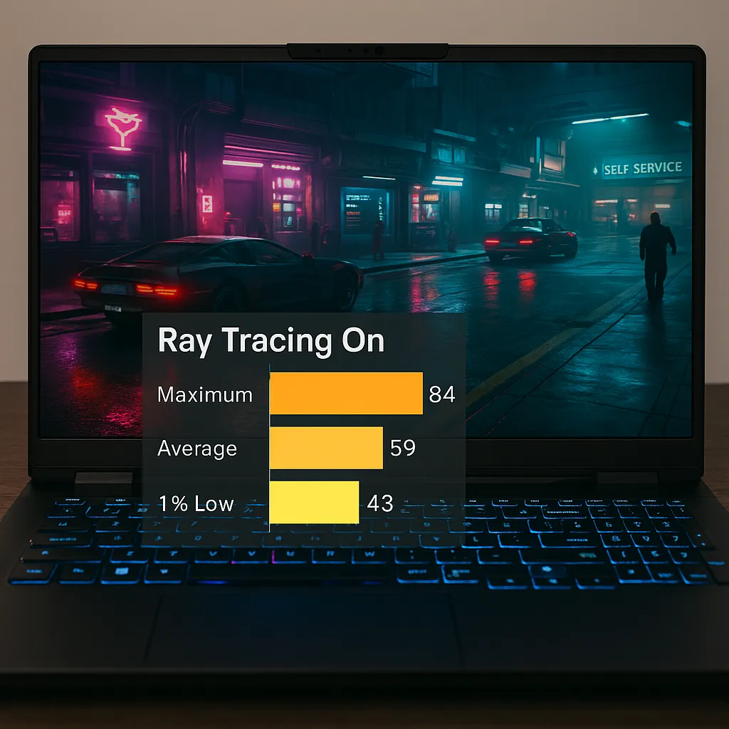 노트북 화면에 레이트레이싱 성능 벤치마크 결과 그래프가 표시된 모습