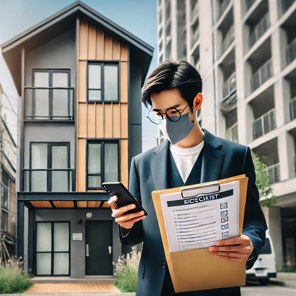 한 사람이 한국의 현대적인 원룸 아파트 앞에서 서류를 신중히 검토하고 스마트폰으로 세부 사항을 확인하는 모습. 이 사람은 체크리스트를 들고 있으며, 신중한 표정을 짓고 있어 직거래 시 사기 방지의 중요성을 강조하고 있습니다. 배경에는 아파트 건물 입구와 주변의 도시 주거 구조물이 보입니다.