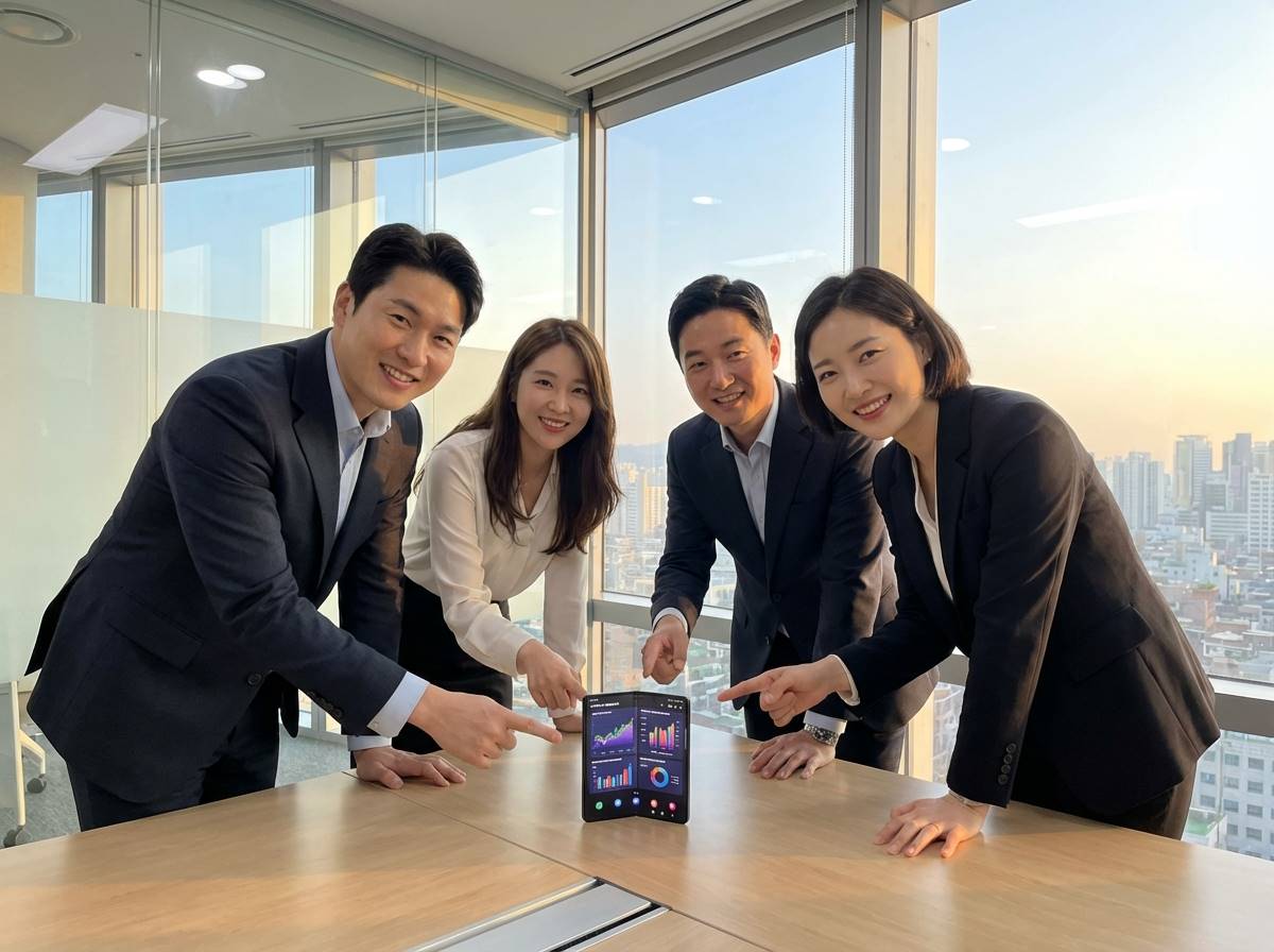 밝게 빛나는 아이폰 폴드 제품 주위로 투자자들이 미소 지으며 차트를 확인하는 모습