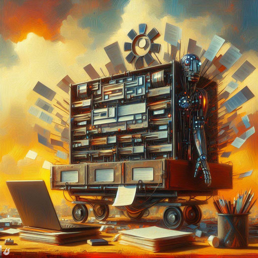 AI 이미지. 인터넷에서 문서를 수집하는 기계. 유화풍으로. by Bing Image Creator