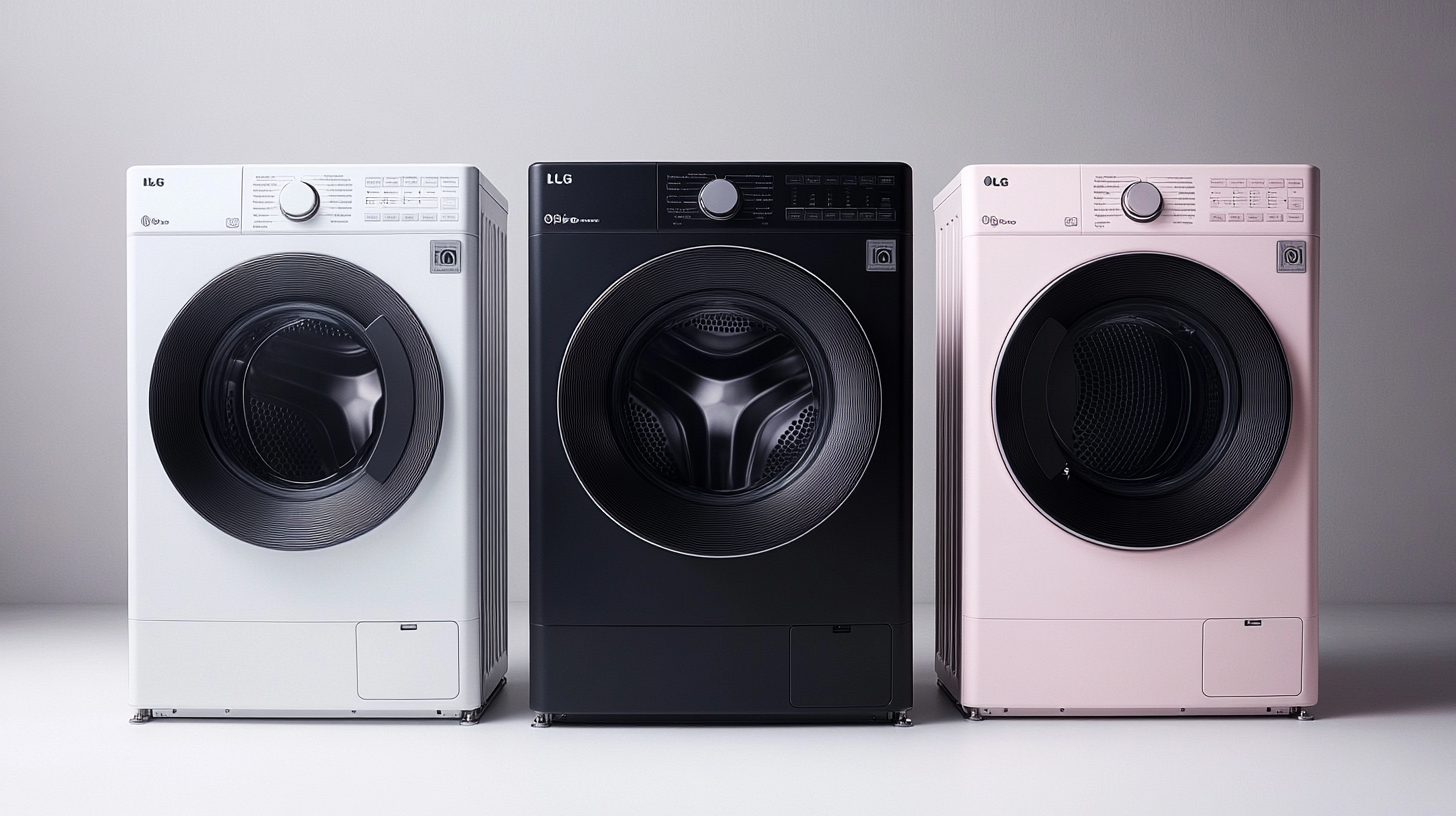 화이트, 블랙, 파스텔 톤의 다양한 색상의 LG 오브제 세탁기가 조화를 이루고 있는 인테리어. 부드러운 조명 아래 각 색상이 조화롭게 어우러져 있는 모습.