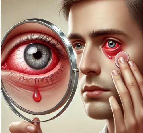 거울 보며 눈 상태 확인하는 사람 