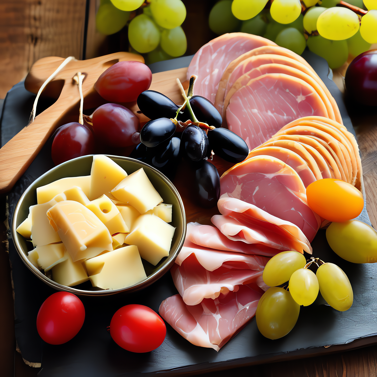 다양한 과일과 햄치즈가 담긴 접시 사진