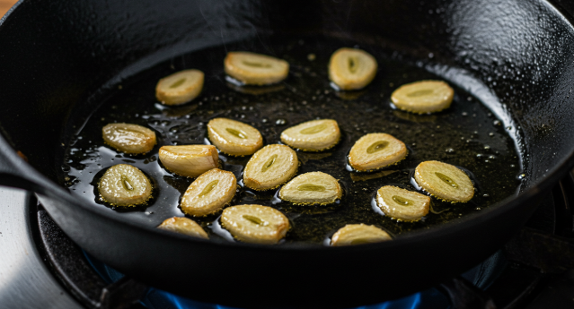 오일과 편 마늘이 들어가 약한 불에서 노릇하게 볶아지고 있는 모습