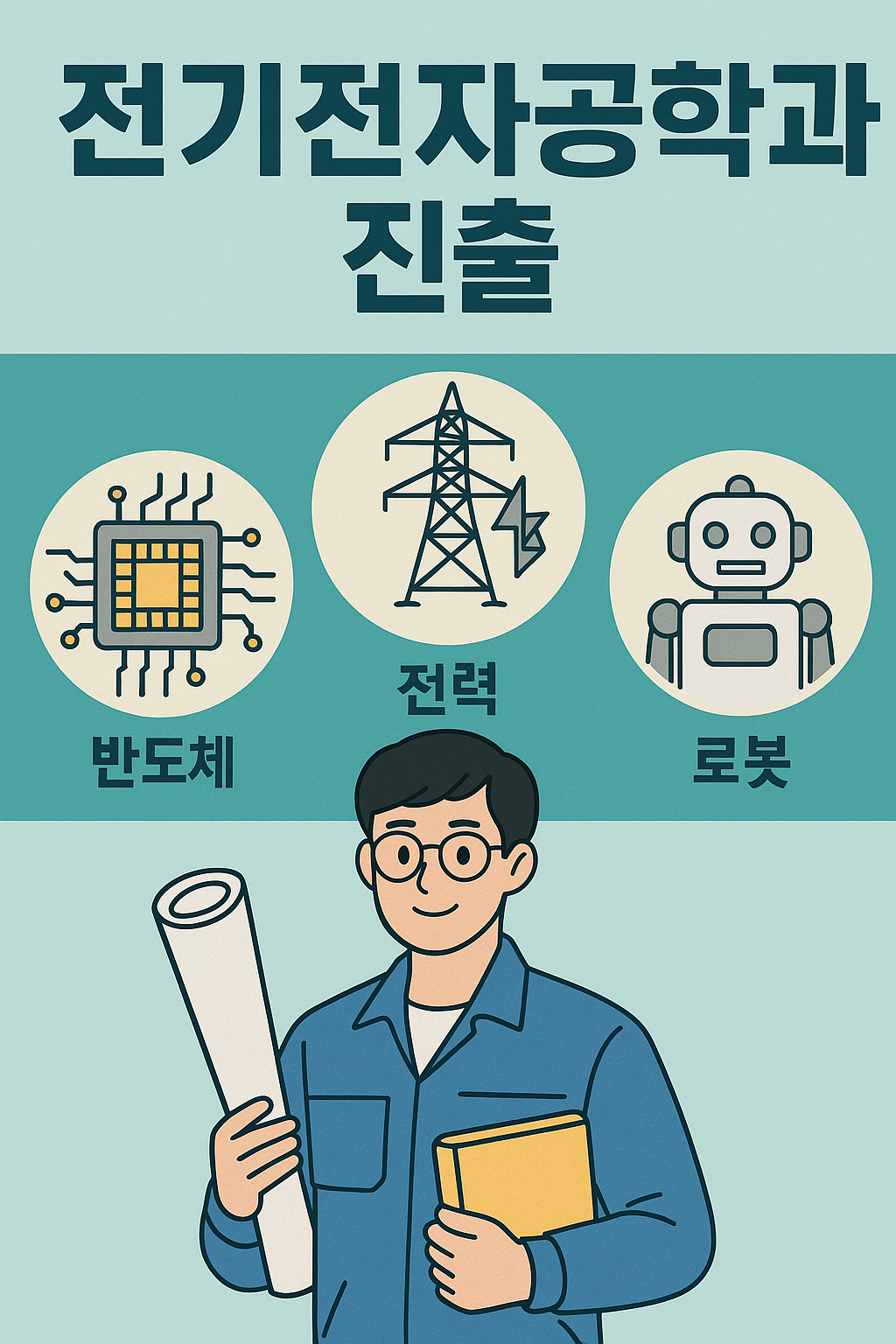 전기전자공학과 진출 직무를 주제로 반도체, 전력, 로봇 분야를 각기 다른 아이콘과 함께 설명한 일러스트 포스터. 공학도를 중심으로 배치