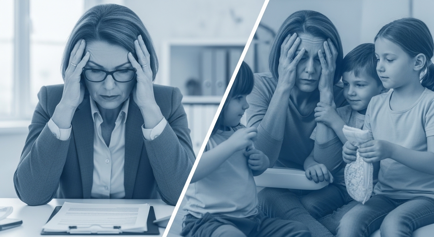 직장에서 스트레스받는 모습과 가정에서 육아에 지친 모습이 대비되는 중년의 모습. 3040세대의 이중고를 나타냅니다.