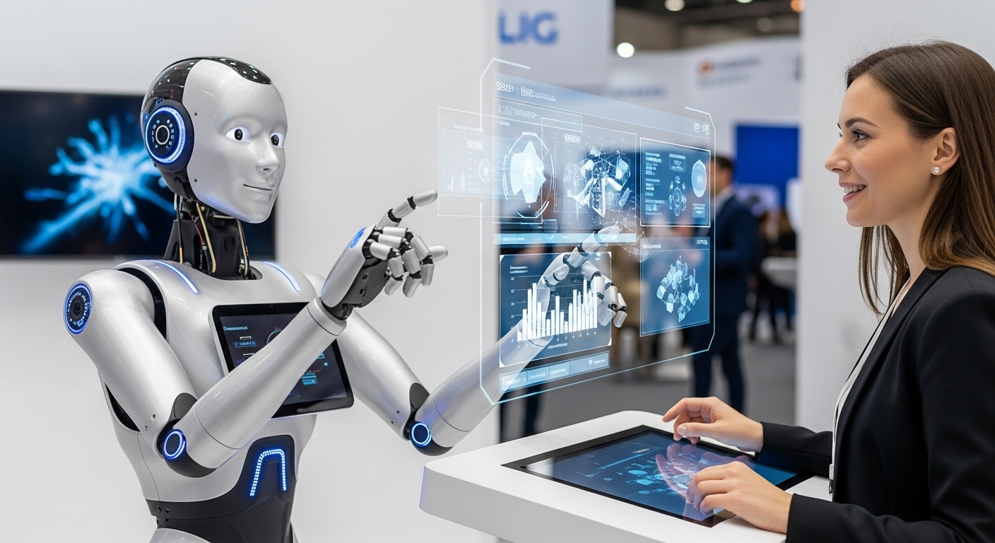 킨텍스 2025 디지털퓨처쇼 현장에서 인간과 상호작용하는 협동 로봇의 모습. AI 기술이 적용된 로봇이 전시 부스에서 관람객과 소통하고 있다.