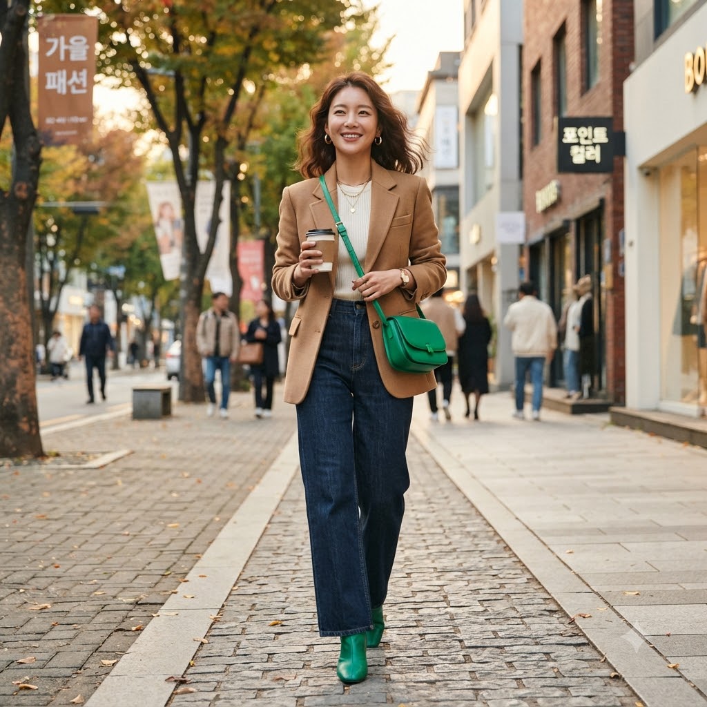 전체 코디를 완성한 여성의 자신감 있는 모습

내용: 아이템 하나만 바꿔도 올해 느낌 완성. 이번 가을엔 나만의 포인트 컬러를 찾아보세