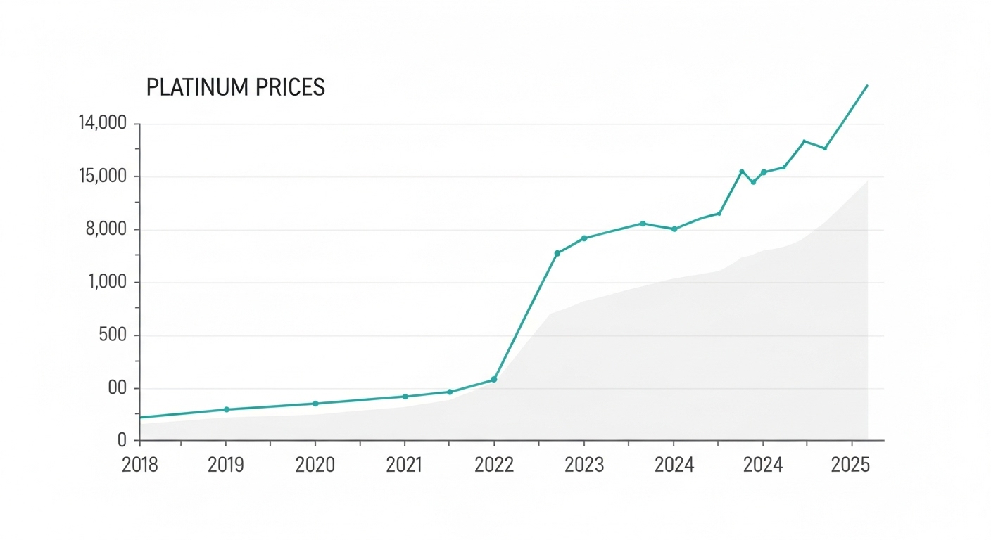 2025년까지의 백금 가격 동향을 보여주는 깔끔한 선 그래프. 최근 상승 추세를 보이며 백금 동향을 시각적으로 나타냅니다.