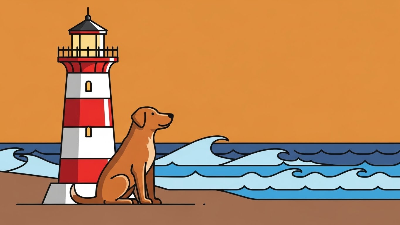 바닷가 등대 앞에서 자리를 지키며 신뢰를 보여주는 개 캐릭터의 2D 플랫 벡터 일러스트
