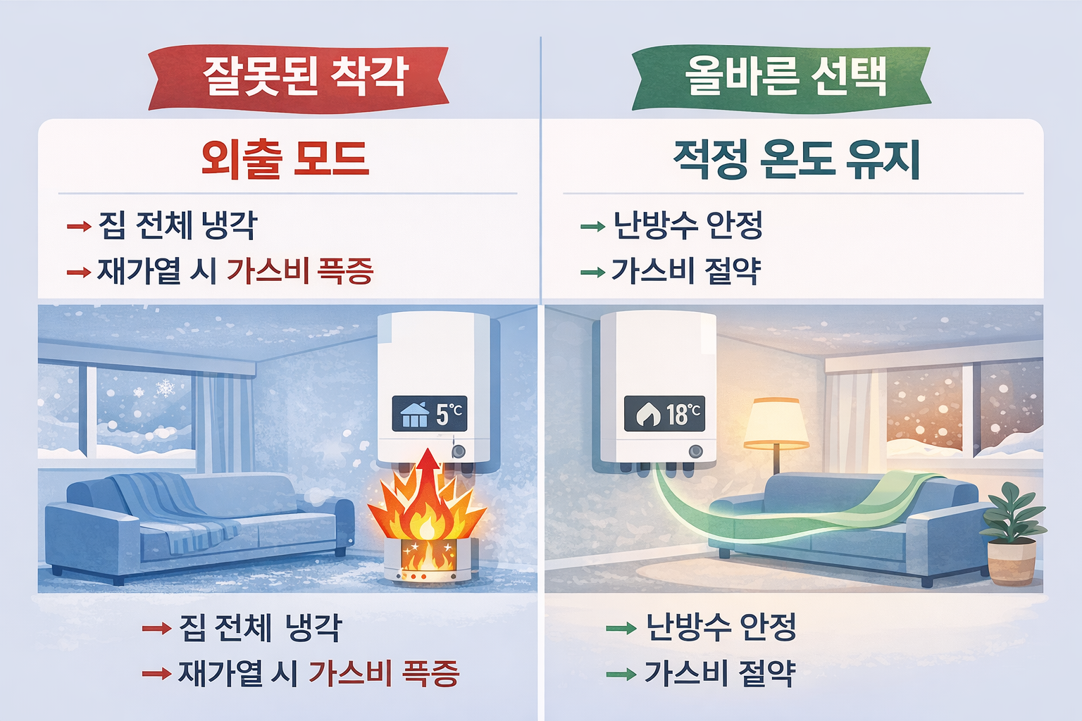 외출 모드를 사용해 집이 완전히 식은 뒤 재가열할 때 가스비가 더 많이 드는 구조와, 적정 온도를 유지했을 때의 차이를 비교