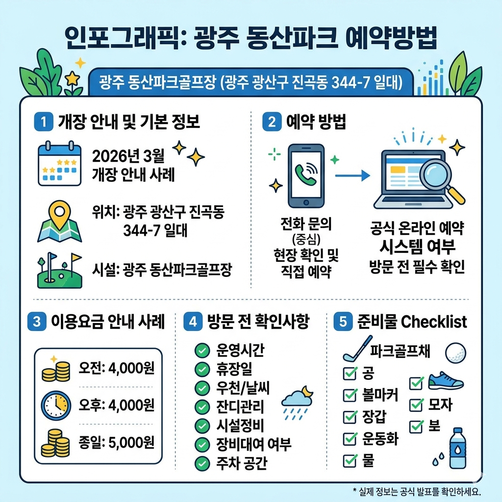 광주 동산파크 예약방법 광산구 진곡동 동산파크골프장 위치&middot;요금&middot;운영 확인 인포그래픽