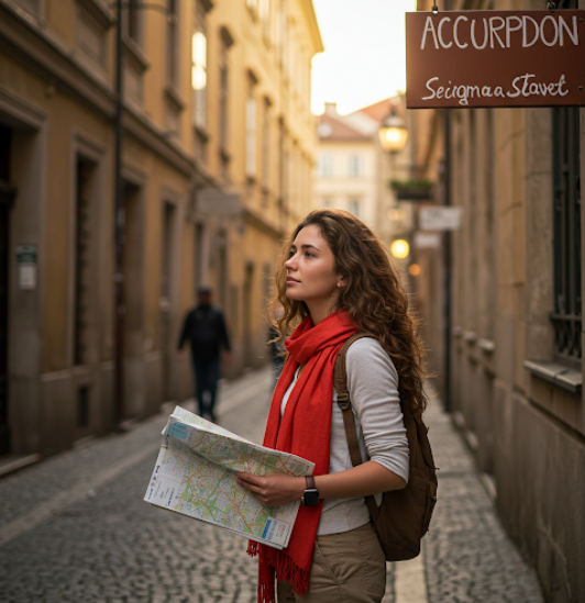 여성 혼자 여행하며 숙고 고르는 모습