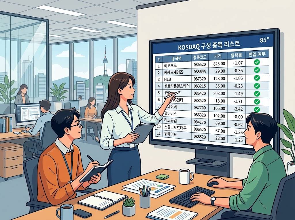 현대적인 사무실에서 전문가들이 대형 모니터의 지수 구성 종목 리스트를 꼼꼼히 체크하는 모습, 종목 옆에 편입을 상징하는 초록색 체크 표시가 있는 벡터 일러스트