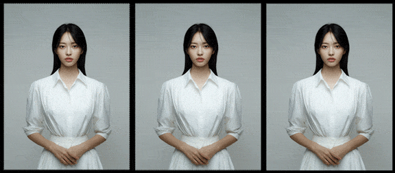 옷깃&middot;소매를 정리하는 인물 손동작을 동작 중심 프롬프트로 설계한 Midjourney 영상 GIF, 손의 이동과 정리 흐름이 안정적으로 표현됨_Midjourney