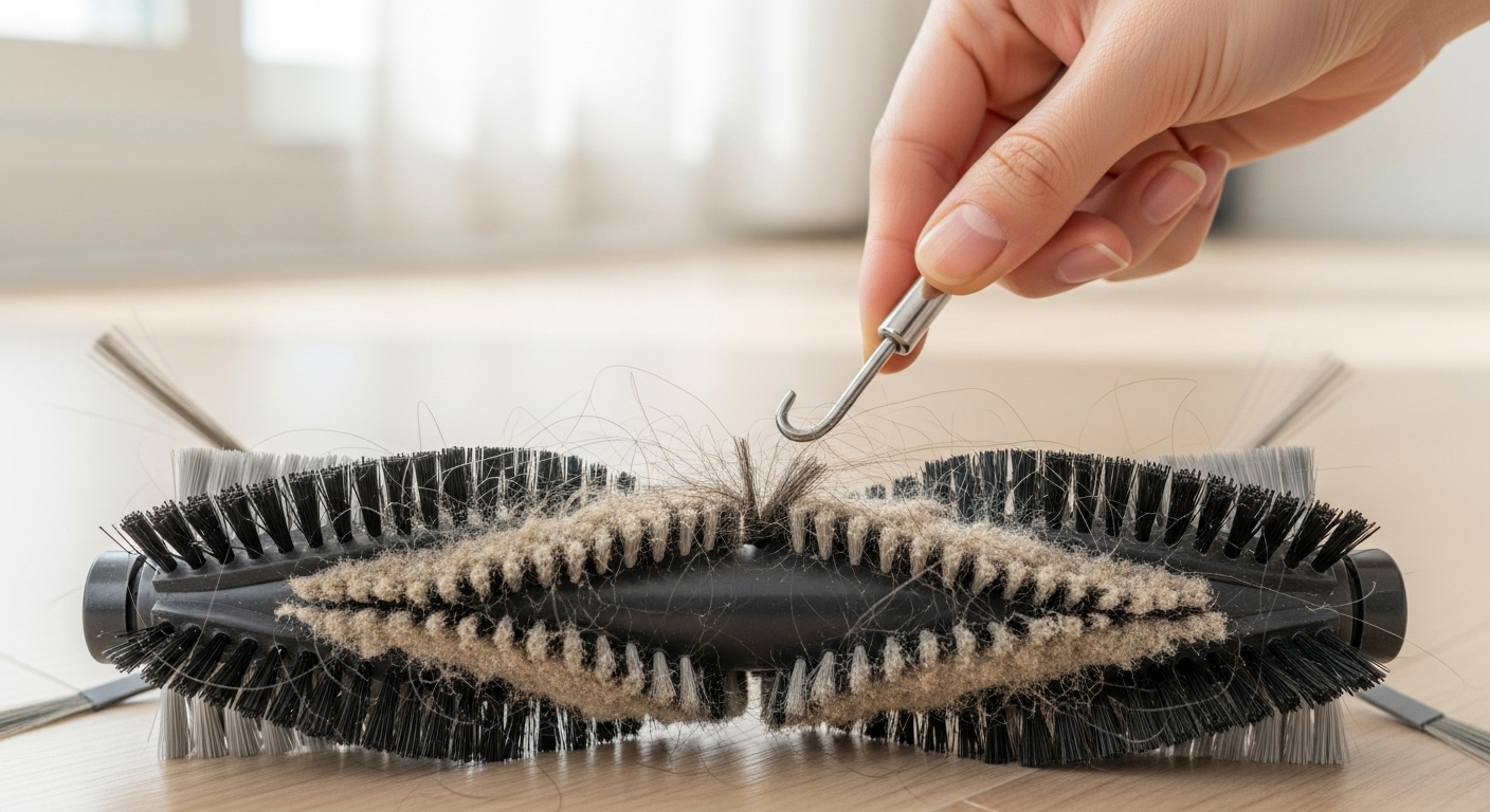 로봇청소기 메인 브러시에 엉킨 머리카락과 먼지를 전용 도구로 제거하는 손의 클로즈업 이미지.