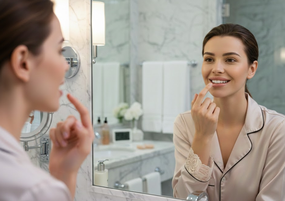 거울을 보여 자신의 잇몸 상태를 확인하고 있는 여성