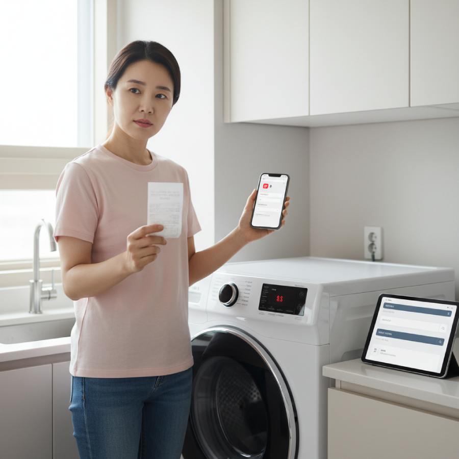 걱정스러운 표정의 여성이 수리 영수증과 보험 청구 인터페이스를 보여주는 스마트폰을 들고, 고장 난 세탁기 옆 주방에서 해결책을 찾고 있는 모습.