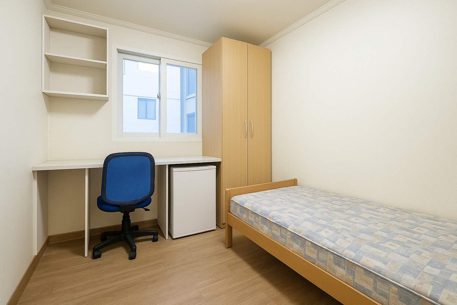 다중주택 방 구조 예시, 작은 원룸 형태의 침대·책상·옷장이 배치된 모습"