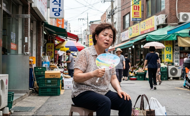 얼굴을 부채질하거나 힘들어하는 중년 여성의 모습