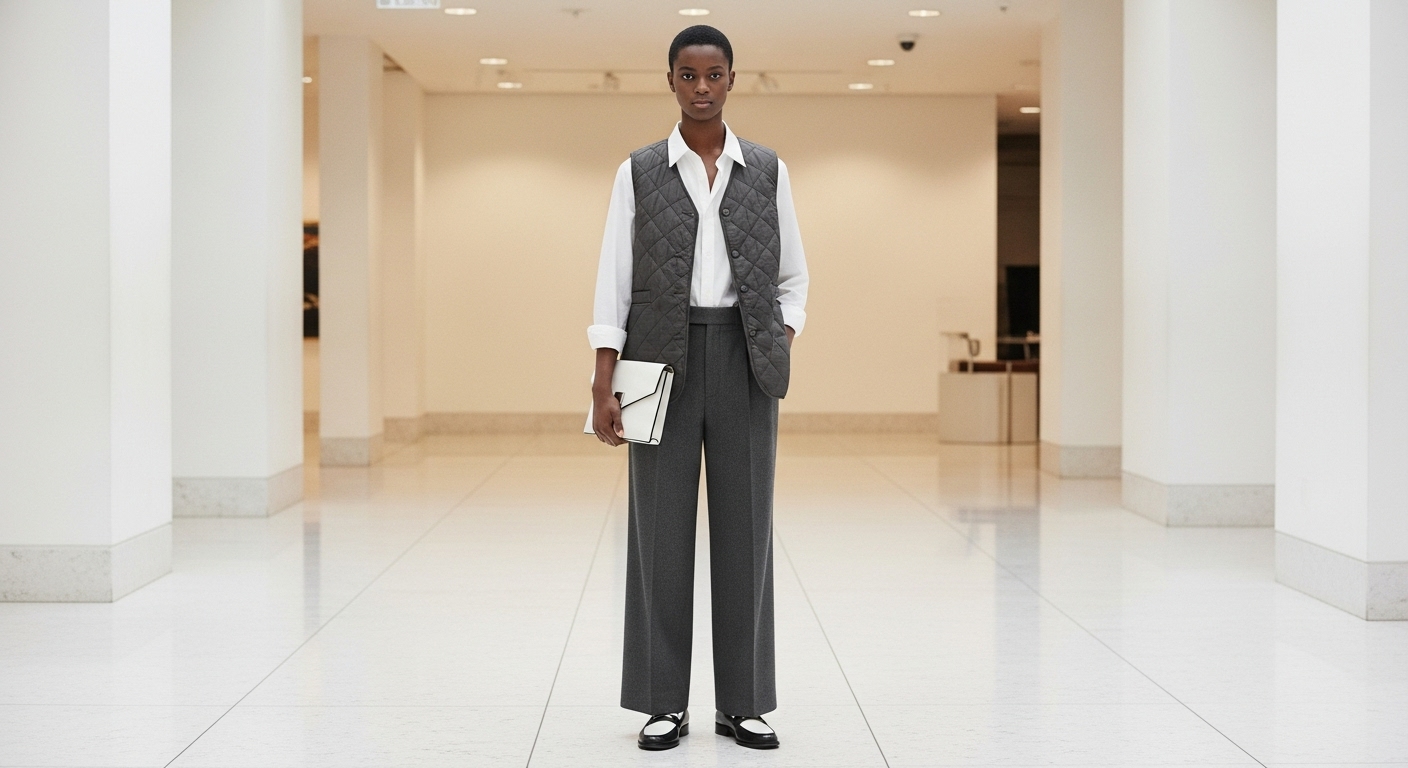 모던한 와이드 팬츠와 로퍼에 누빔조끼를 믹스매치하여 세련된 할매코어 룩을 연출한 MZ세대.