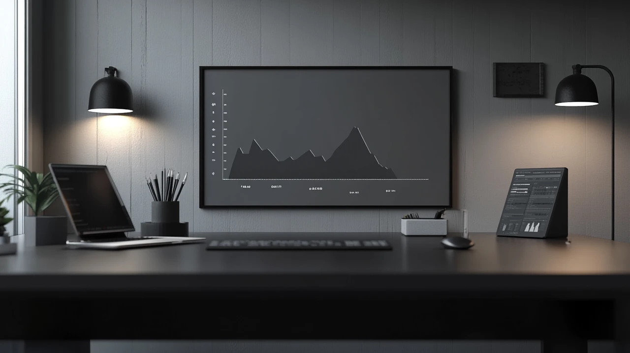 2025년 나스닥100 ETF의 연간 수익률을 보여주는 차트로 현대적인 오피스 배경에서 전문가적인 분위기와 조화롭게 어우러진다. 금융 분석의 세계로 안내하는 차트의 분위기를 조명 아래에서 살펴본다.