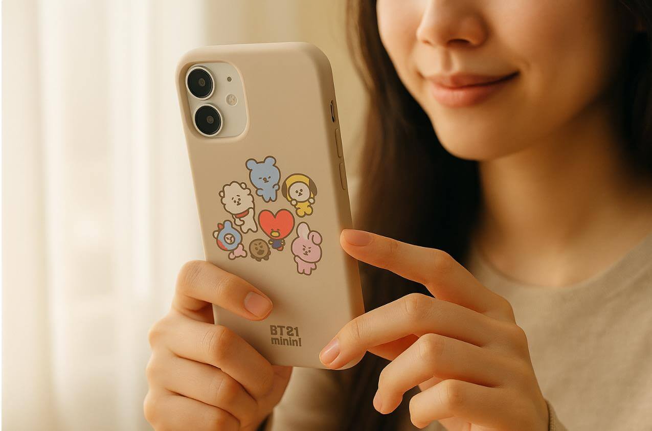 BT21 미니니 실리콘 케이스의 부드러운 질감을 느끼는 모습
