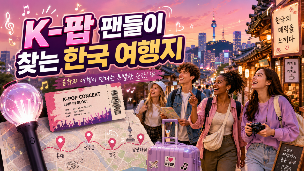 K-팝 팬들이 찾는 한국 여행지와 콘서트 성지순례 한류 여행을 소개하는 이미지
