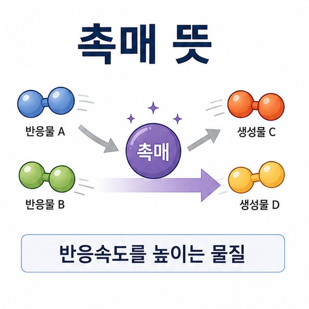 분자들이 촉매를 거쳐 빠르게 반응하는 모습을 통해 촉매 뜻이 화학반응의 속도를 높이는 물질이라는 의미임을 설명한 대표 이미지