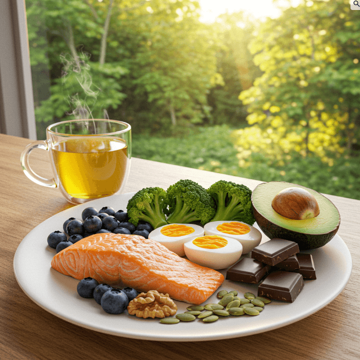 햇살이 퍼지는 아침, 창가 테이블 위에 뇌와 기억력에 좋은 성분이 함유된 식품들이 접시에 담겨 있는 이미지