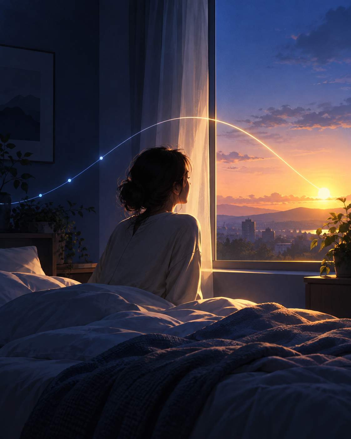 A woman sits quietly on her bed in a dim, deep-blue bedroom, looking toward the warm light of sunrise through a window. A thin, glowing curved line extends from the darkness toward the morning sun, symbolizing the gradual realignment of sleep timing and the body's circadian rhythm. Created for Part 4 of the AEP Sleep Health Series by Savor Balance, illustrating the relationship between morning light, wake-up timing, and sleep rhythm regulation.