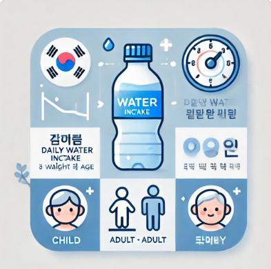 체중과 나이에 따라 하루 물 섭취량을 계산하는 인포그래픽. 물병, 체중계, 연령대 아이콘이 포함됨