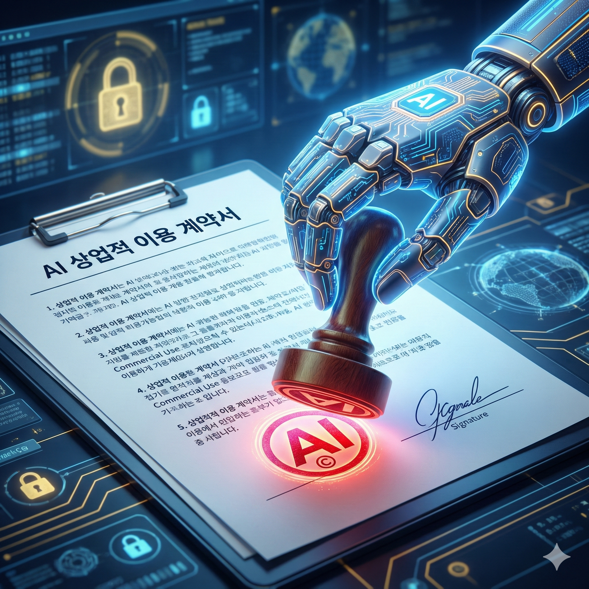 AI 로봇 손이 계약서에 도장을 찍는 상업적 사용 승인 일러스트