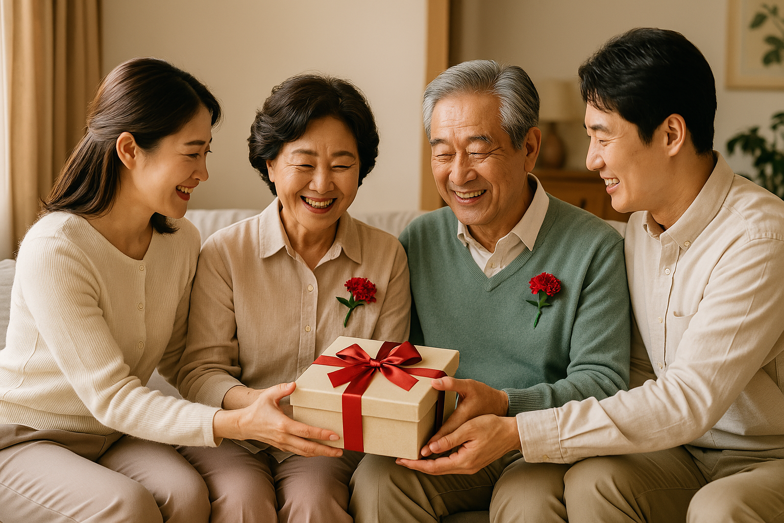 가정의 달을 맞아 부모님께 선물을 전하는 따뜻한 가족의 모습