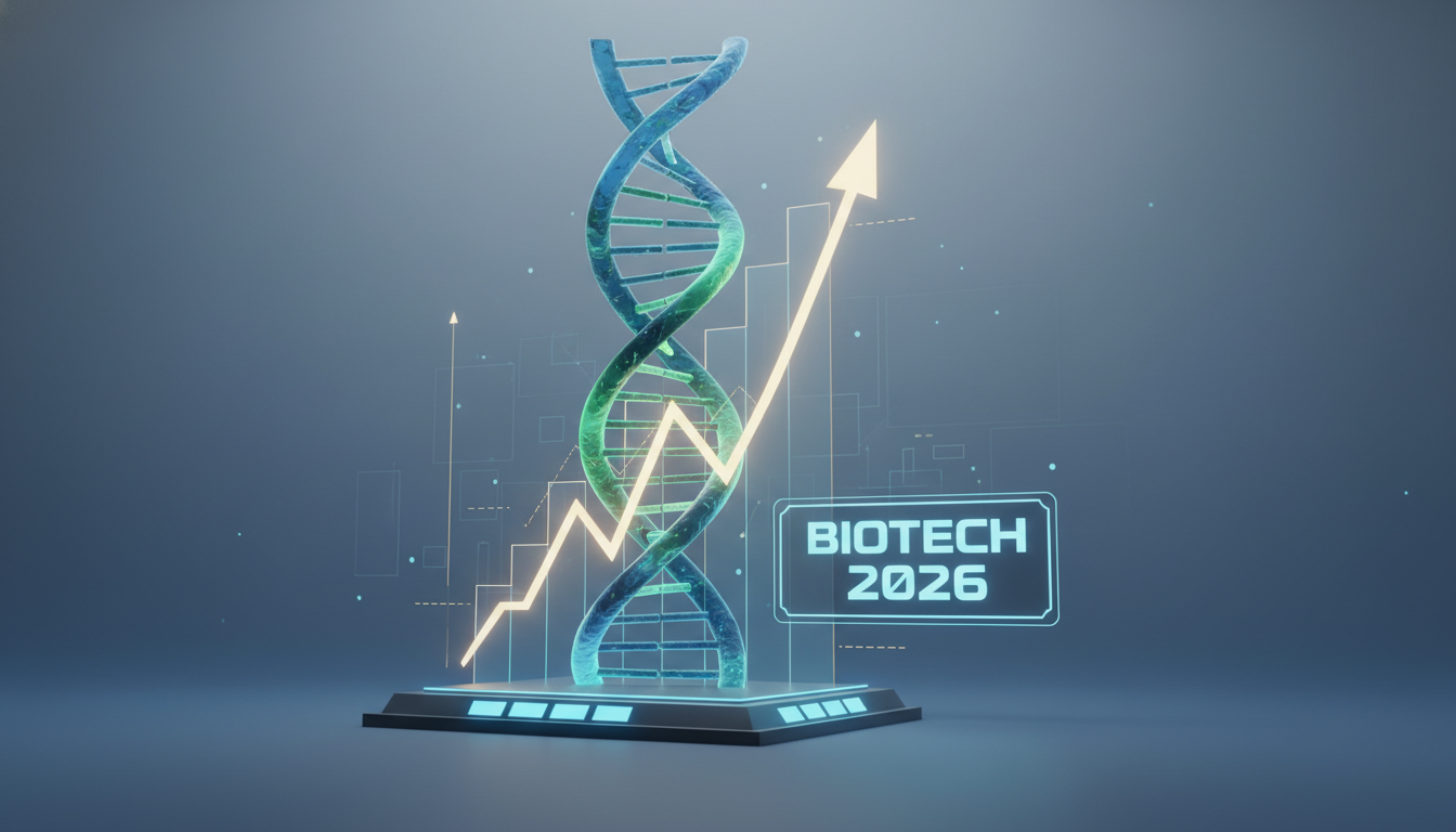 에이비엘바이오 기술 수출 및 2026 주가 상승 전망을 나타내는 DNA와 주식 차트 3D 일러스트