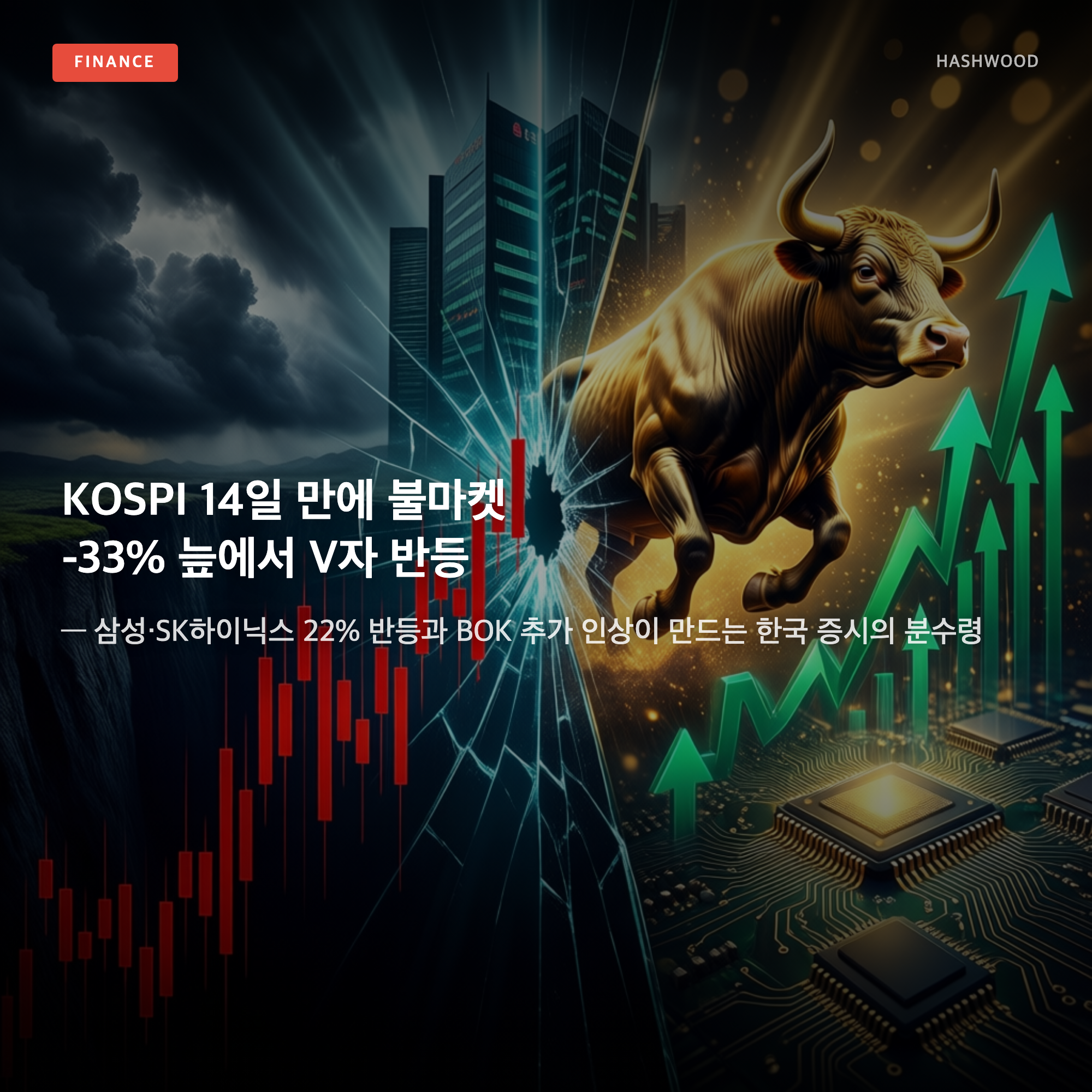 그림: KOSPI 14일 만에 불마켓 -33% 늪에서 V자 반등 — — 삼성·SK하이닉스 22% 반등과 BOK 추가 인상이 만드는 한국 증시의 분수령